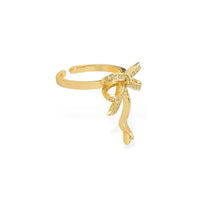 Gold-tone tied bow ribbon ring with cubic zirconia accents, elegant bow ribbon gold jewelry