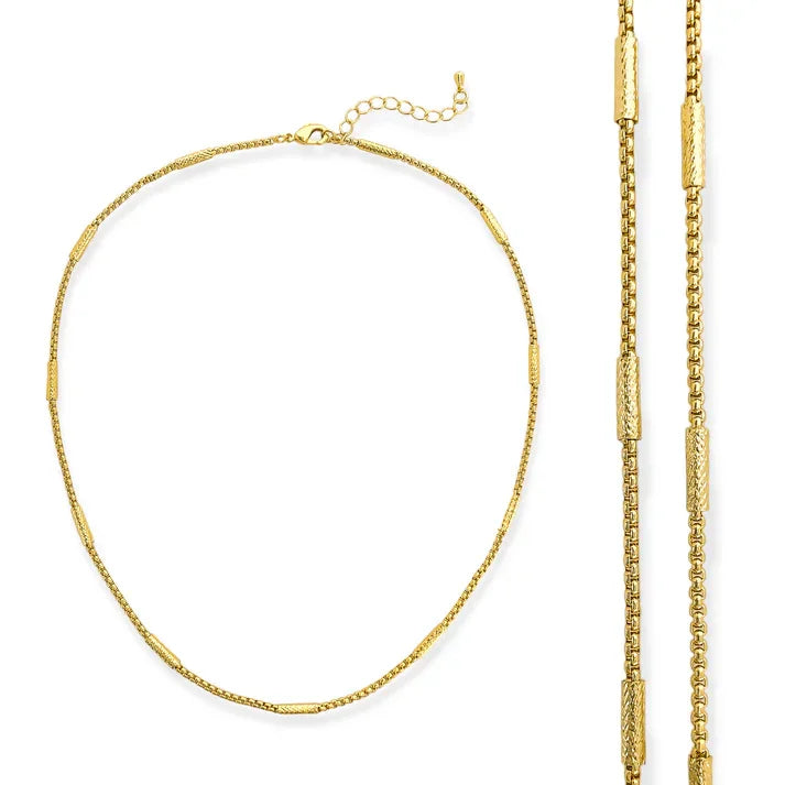 Textured chain gold necklace with textured bar stations and extender for elegant style
