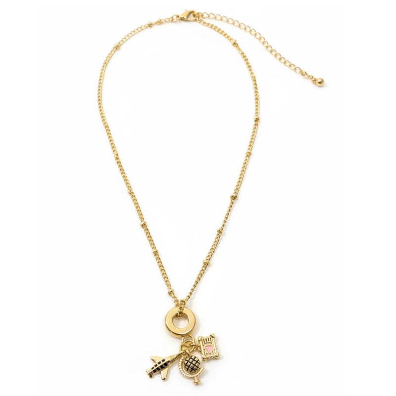 Journey Gold Charm Necklace with airplane, suitcase, globe pendants