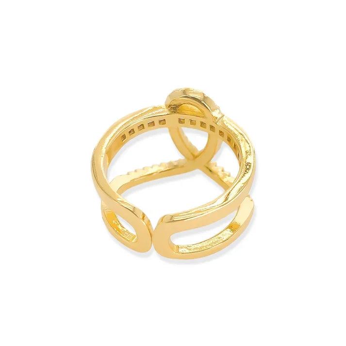 Gold-toned looped CZ ring with adjustable open-ended design and infinity symbol top