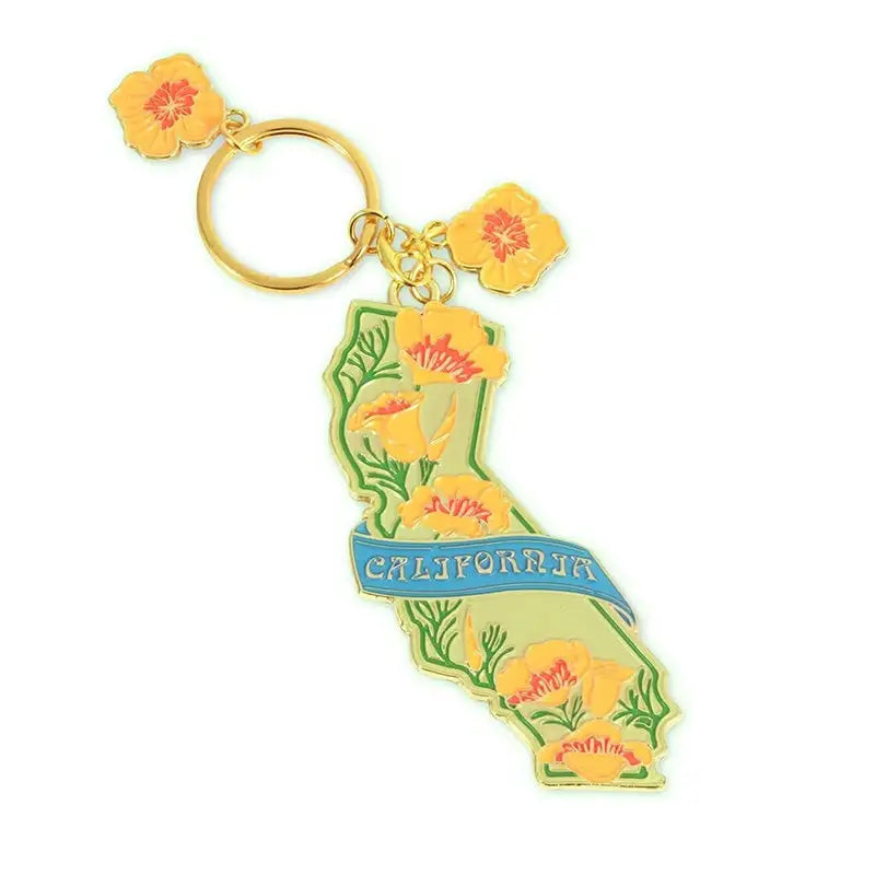 Gold-toned California Poppy key chain featuring vibrant orange poppies and green foliage