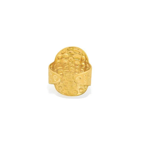 Water resistant gold adjustable oval cocktail ring with hammered texture craftsmanship