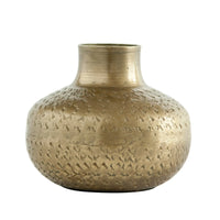 Gold-toned Antique Brass Debossed Metal Vase with textured geometric patterns