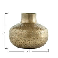 Gold-toned Antique Brass Debossed Metal Vase with geometric embossed patterns