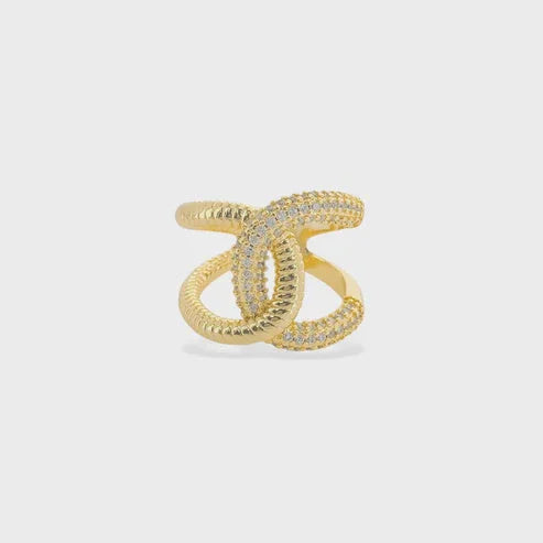 Gold-toned CZ Ring with intertwined textured and stone-encrusted bands for women’s boho chic clothing