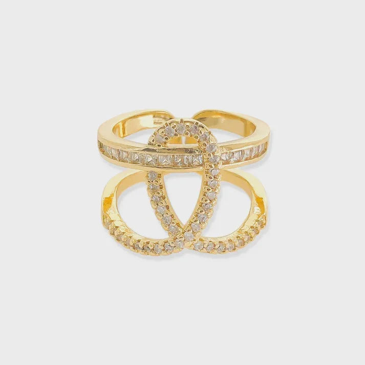 Gold-toned looped CZ ring with adjustable open band and diamond-encrusted loops