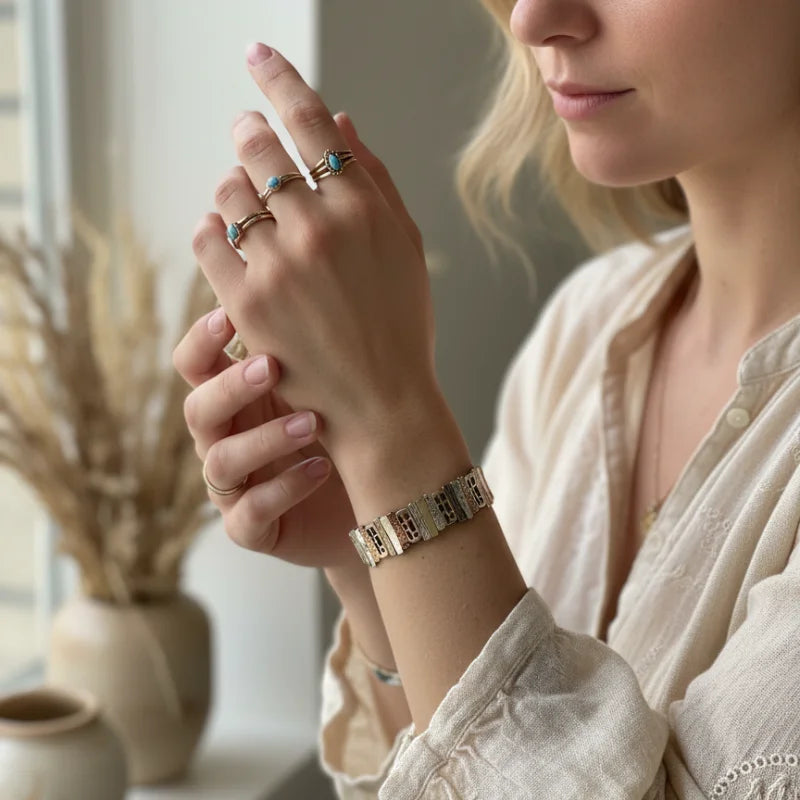 Gold and turquoise beaded stretch bracelet with geometric pattern from Shop Daisy