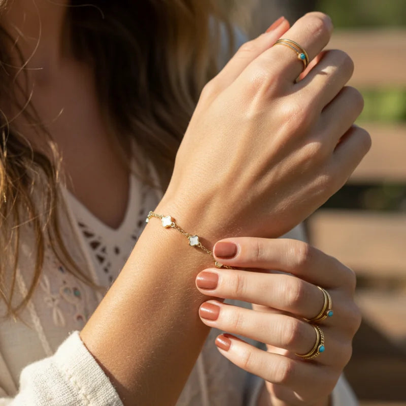 Gold dipped dainty clover bracelet with gold and white beads for women’s boho chic