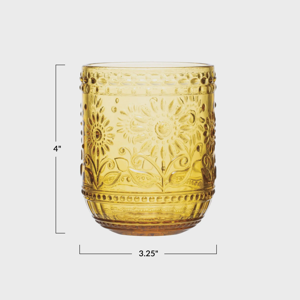 Golden glass candle holder with measurements for the embossed drinking glass product