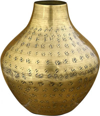 Golden metallic vase with engraved patterns featuring hammered metal finish design