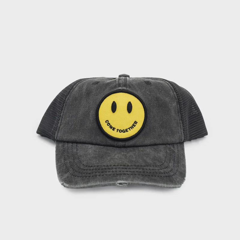 Gray baseball cap with yellow smiley patch saying Come Together for shop Daisy black hat