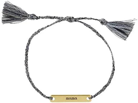 Gray braided bracelet with gold nameplate and tassels from Shop Daisy’s women’s boho chic clothing