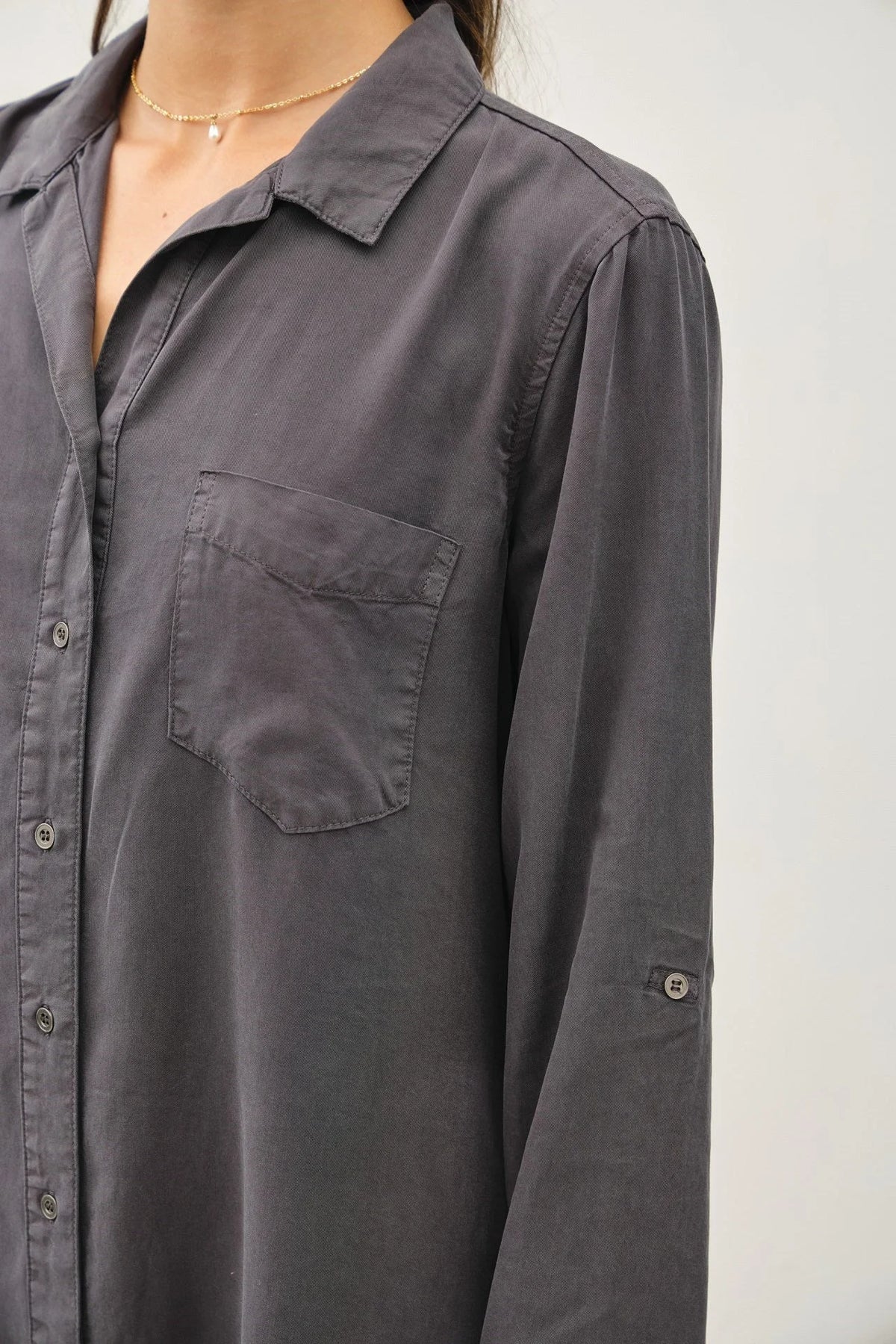 Gray TENCEL roll sleeve shirt dress featuring a stylish roll sleeve shirt design