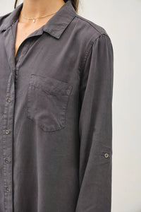 Gray TENCEL roll sleeve shirt dress featuring a stylish roll sleeve shirt design