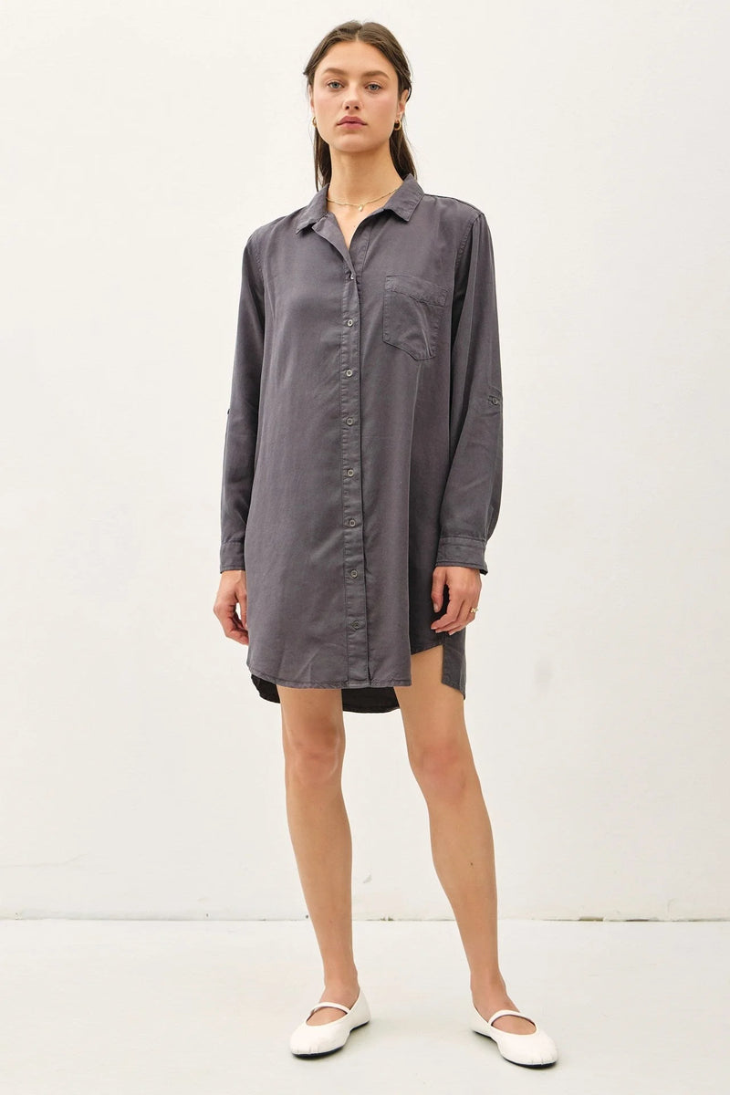 Gray TENCEL roll sleeve shirt dress shown as a stylish roll sleeve shirt dress option