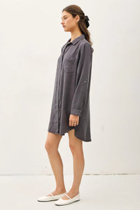 Gray TENCEL Roll Sleeve Shirt Dress featuring a stylish roll sleeve design