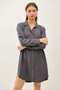 Gray TENCEL Roll Sleeve Shirt Dress showcasing a sophisticated roll sleeve shirt design