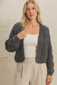 Gray oversized cable knit open front cropped cardigan