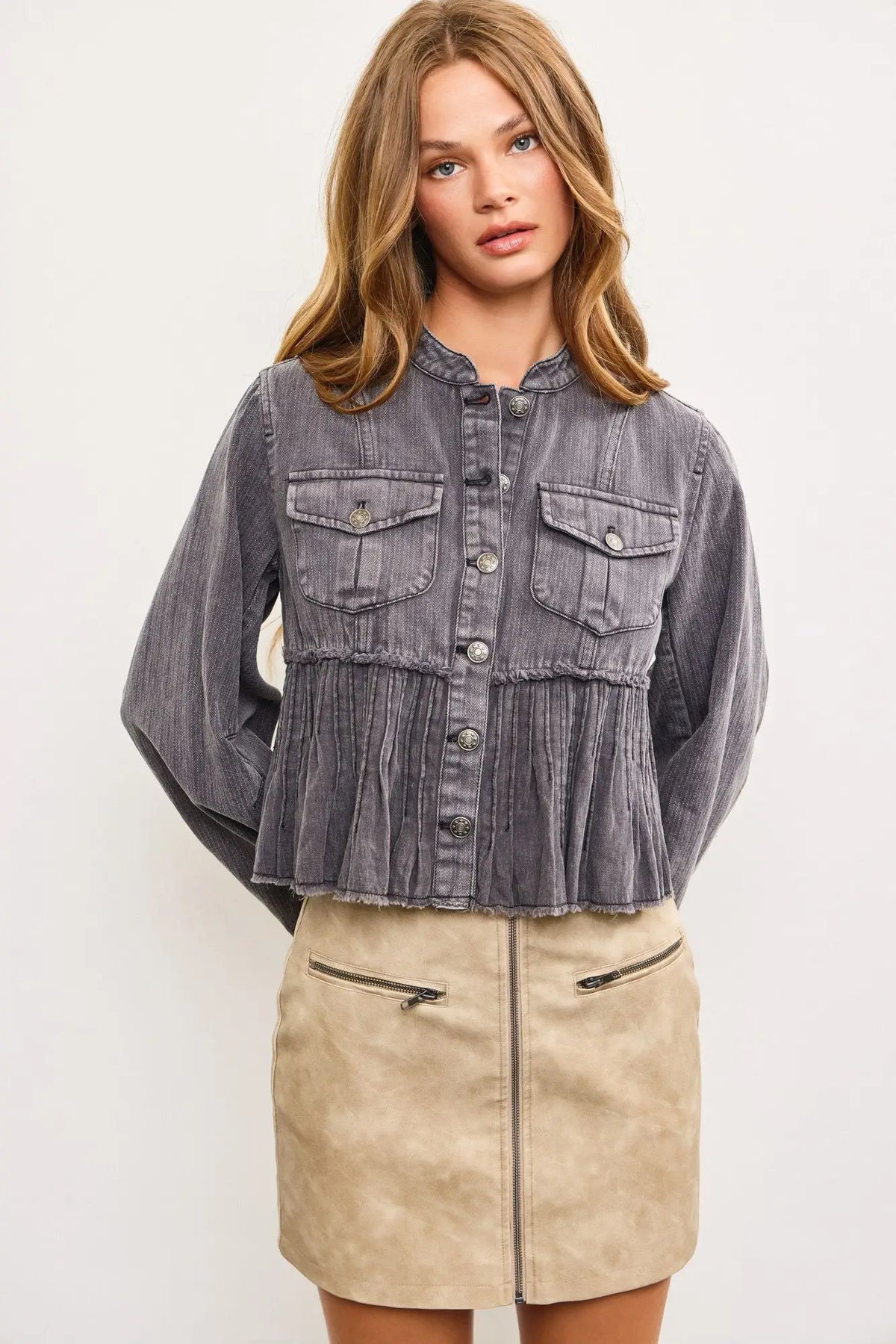 Gray denim button-down jacket from PLEATED BUTTON DENIM JACKET, ideal for women’s boho chic clothing