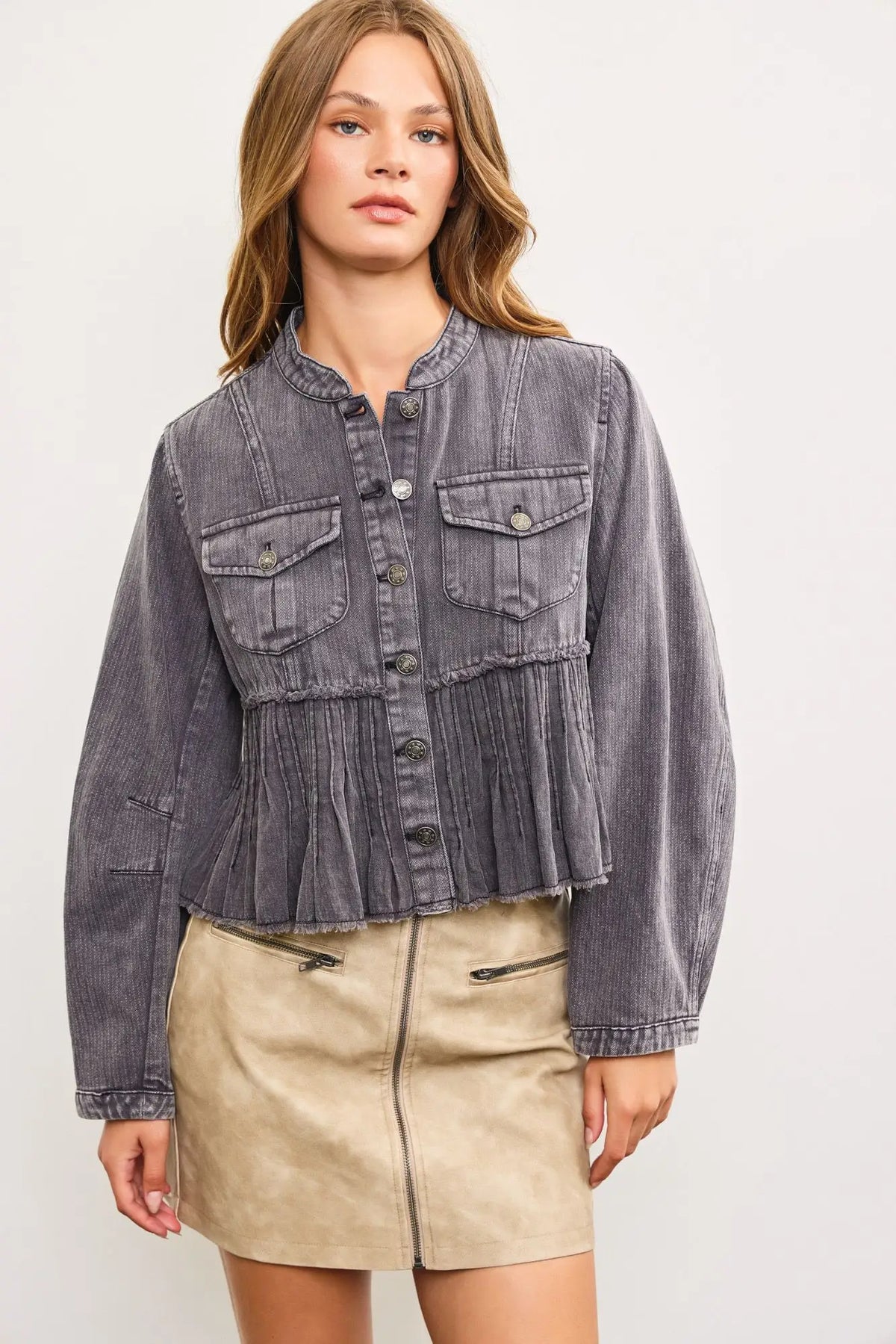 Gray denim jacket with pleated waist from Shop Daisy, perfect for women’s boho chic clothing