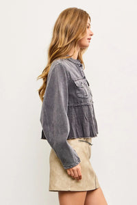 Gray denim peplum top featured in PLEATED BUTTON DENIM JACKET from Shop Daisy