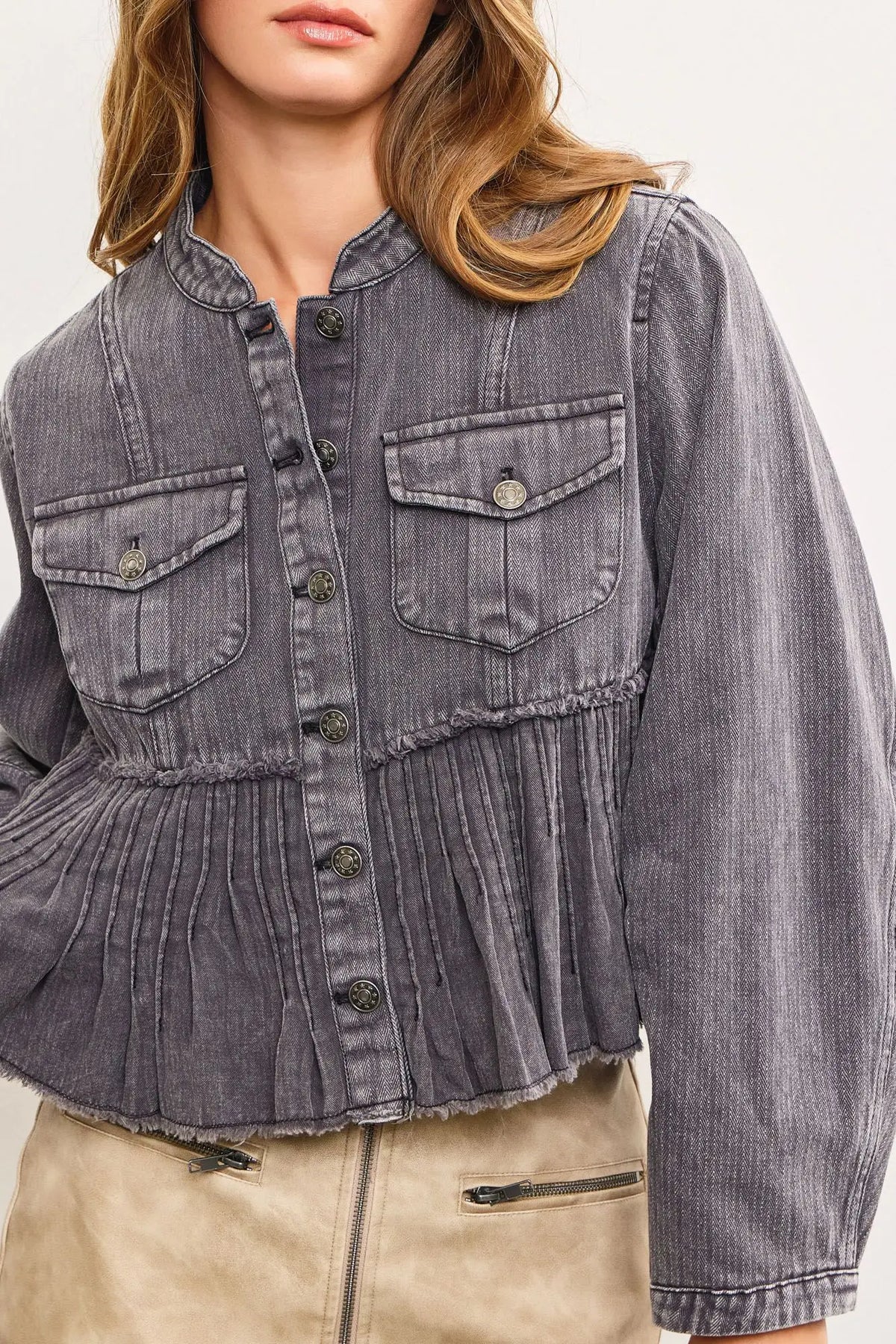 Gray denim peplum jacket from Shop Daisy, perfect for women’s boho chic clothing