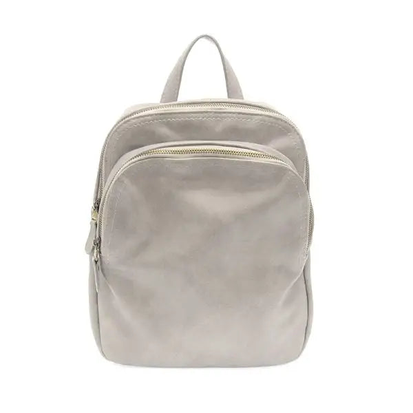 Gray leather FRANKIE SOFT LEATHER BACKPACK featuring logo zip pulls and sleek design