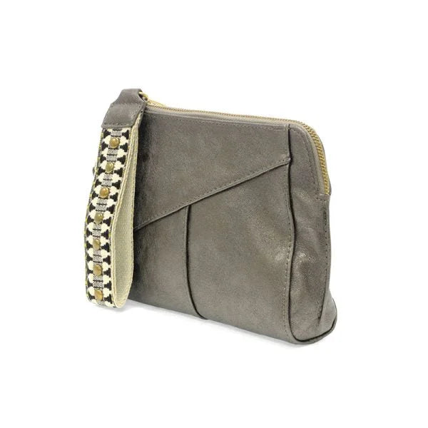 Gray vegan leather clutch purse with zip closure and woven wristlet strap