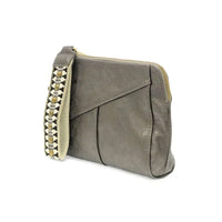 Gray vegan leather clutch purse with zip closure and woven wristlet strap