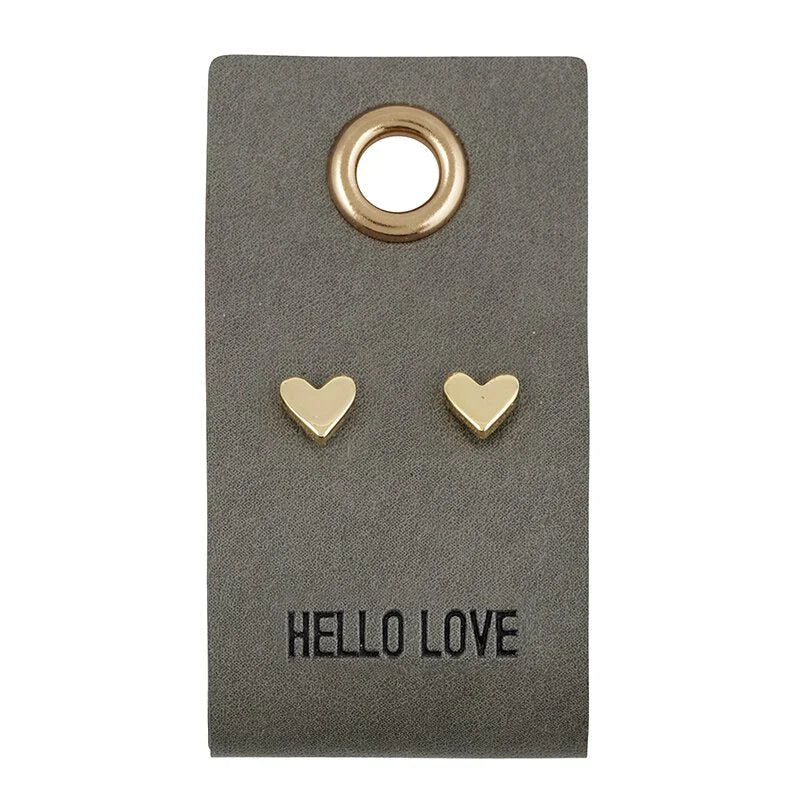 Gray leather tag earrings featuring gold grommet, heart shapes, and HELLO LOVE text