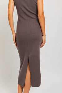 Form-fitting gray sweater midi dress featuring a stylish back slit detail