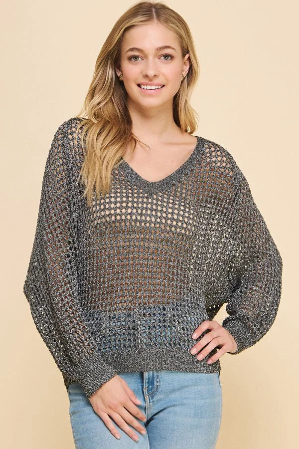 Gray long sleeve open weave knit V-neck sweater with a loose fit