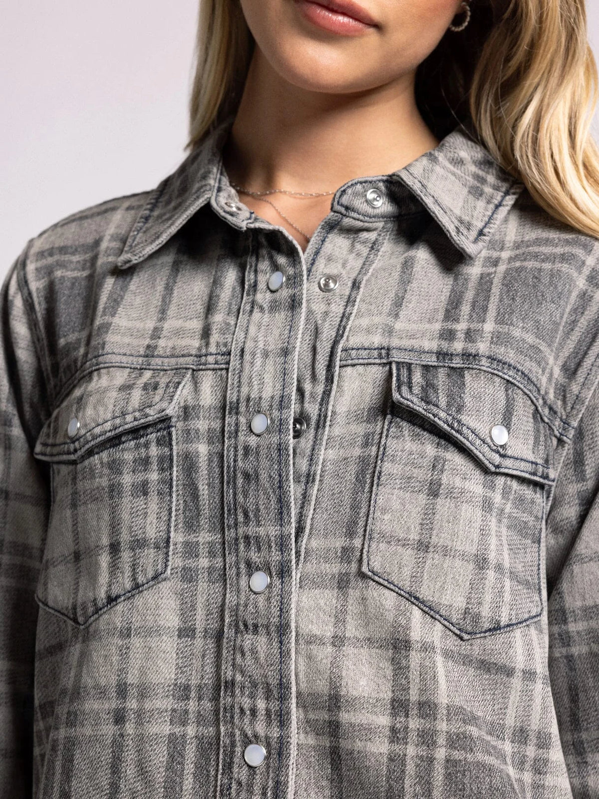 Gray plaid button-up shirt with chest pockets in Plaid Denim Pippin Jacket