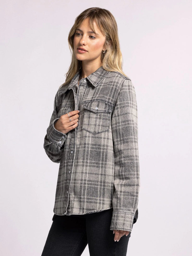 Woman with blonde hair wearing Gray Plaid Flannel Shirt and Plaid Denim Pippin Jacket