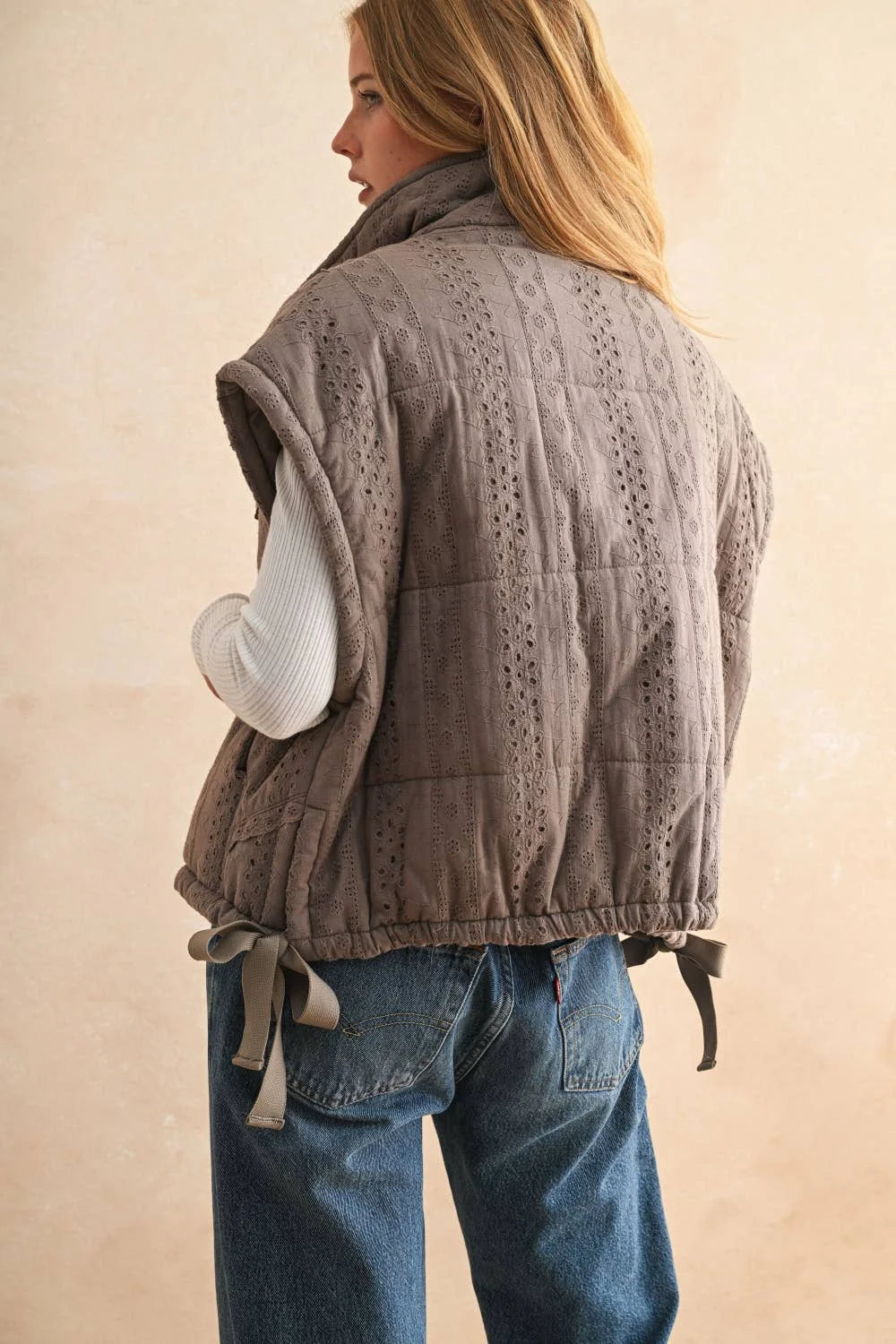 Gray lace crochet trim quilted puff vest with eyelet details, Anthropologie
