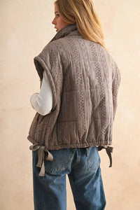 Gray lace crochet trim quilted puff vest with eyelet details, Anthropologie