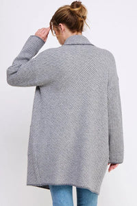 Gray ribbed oversized cardigan sweater with a high collar in diagonal striped plush design