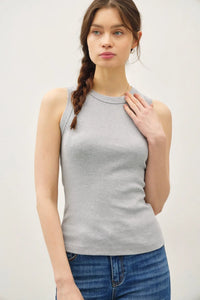 Gray ribbed dyed round neck tank top showcased in the DYED ROUND NECK TANK collection