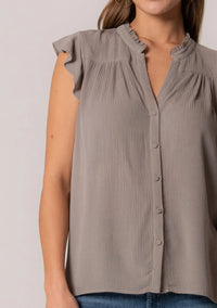 Gray sleeveless button-front top with ruffled cap sleeves in crinkle gauze, boho style