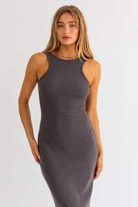 Form-fitting gray sleeveless dress featuring laser cut sleeve ribbed knit design