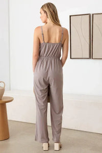 Gray sleeveless jumpsuit with gathered waist for a boho, free spirit style