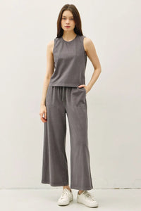 Gray sleeveless lounge set featuring an Acid Wash Boxy Cut Tank for stylish comfort