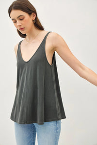 Gray sleeveless V-neck top featuring a flowy fit for the free spirit lifestyle