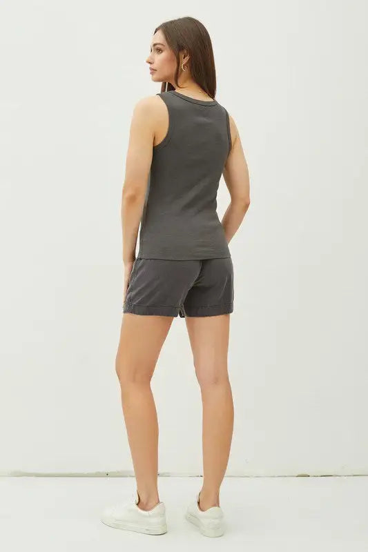 Gray tank top and shorts set, BASIC SOLID RAISED HEM COTTON CREW NECK TANK from Shop Daisy
