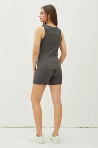 Gray tank top and shorts set, BASIC SOLID RAISED HEM COTTON CREW NECK TANK from Shop Daisy