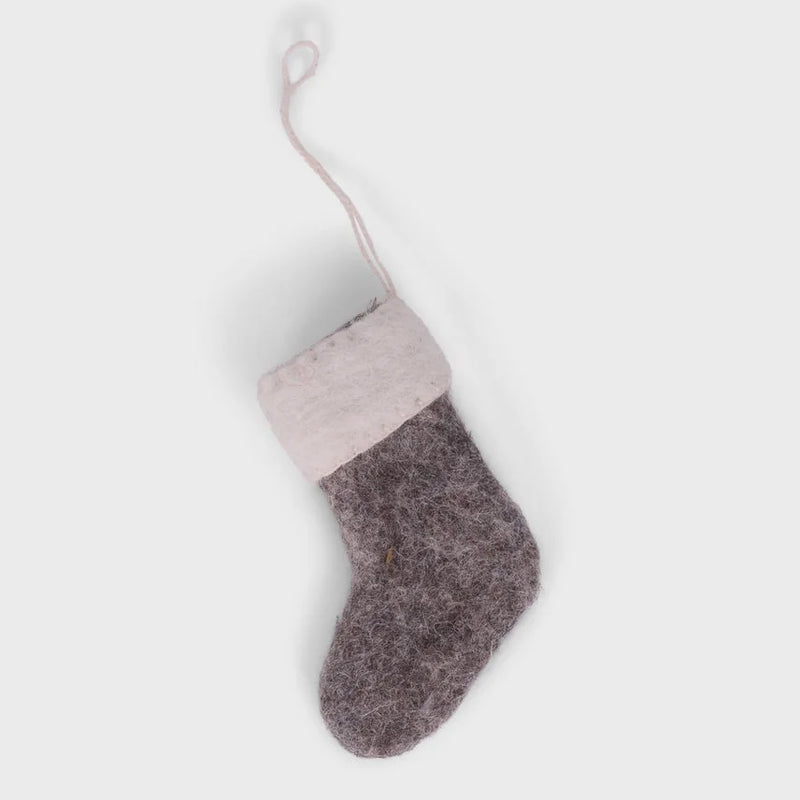 Handmade mini grey stocking ornament with white felt and hanging loop for Christmas decor