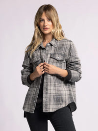 Gray and white plaid flannel shirt over dark top with Plaid Denim Pippin Jacket