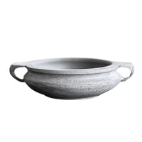 Gray and white speckled soapstone bowl in gray blue slate stone with handles