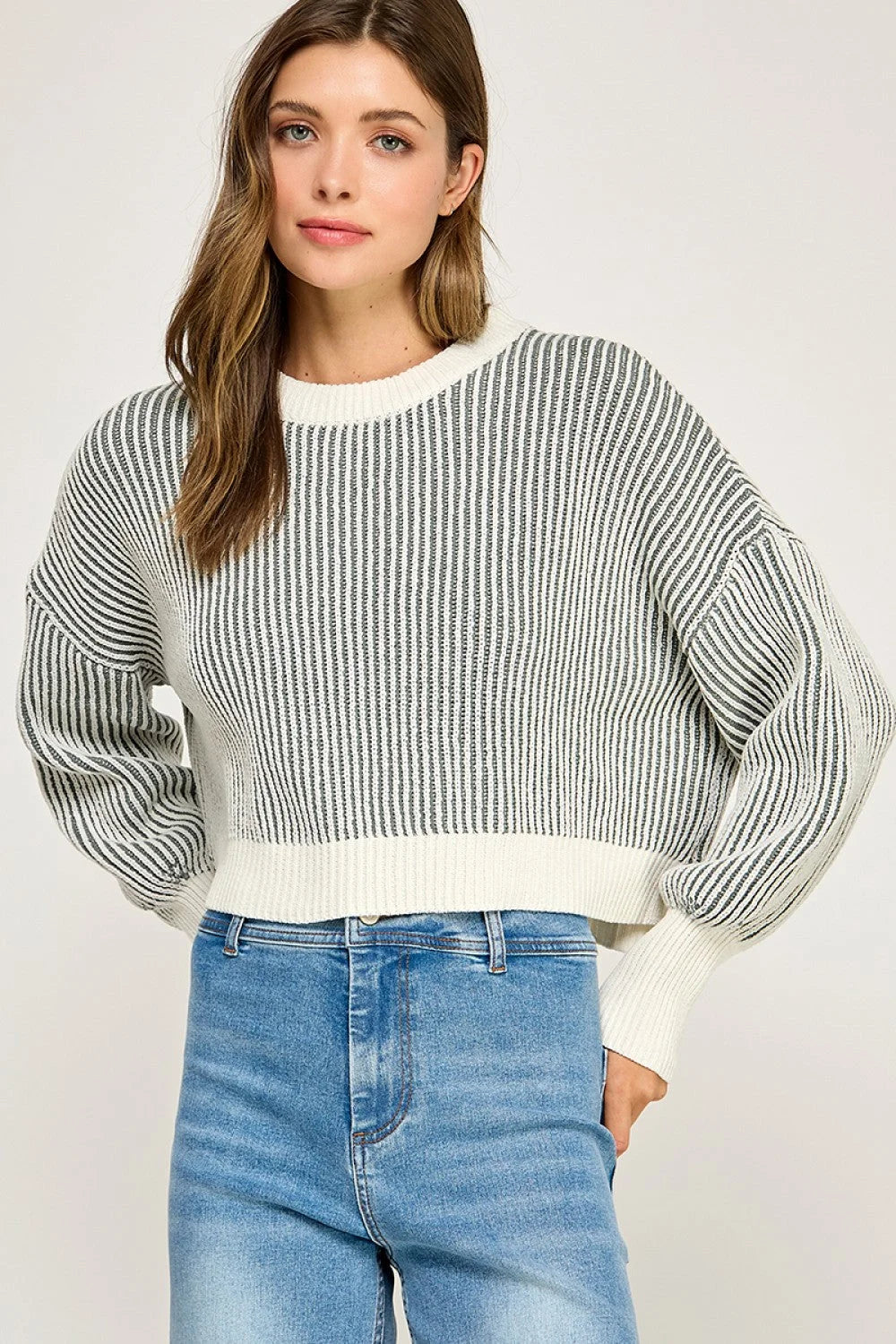 Gray and white striped ribbed knit balloon sleeve sweater