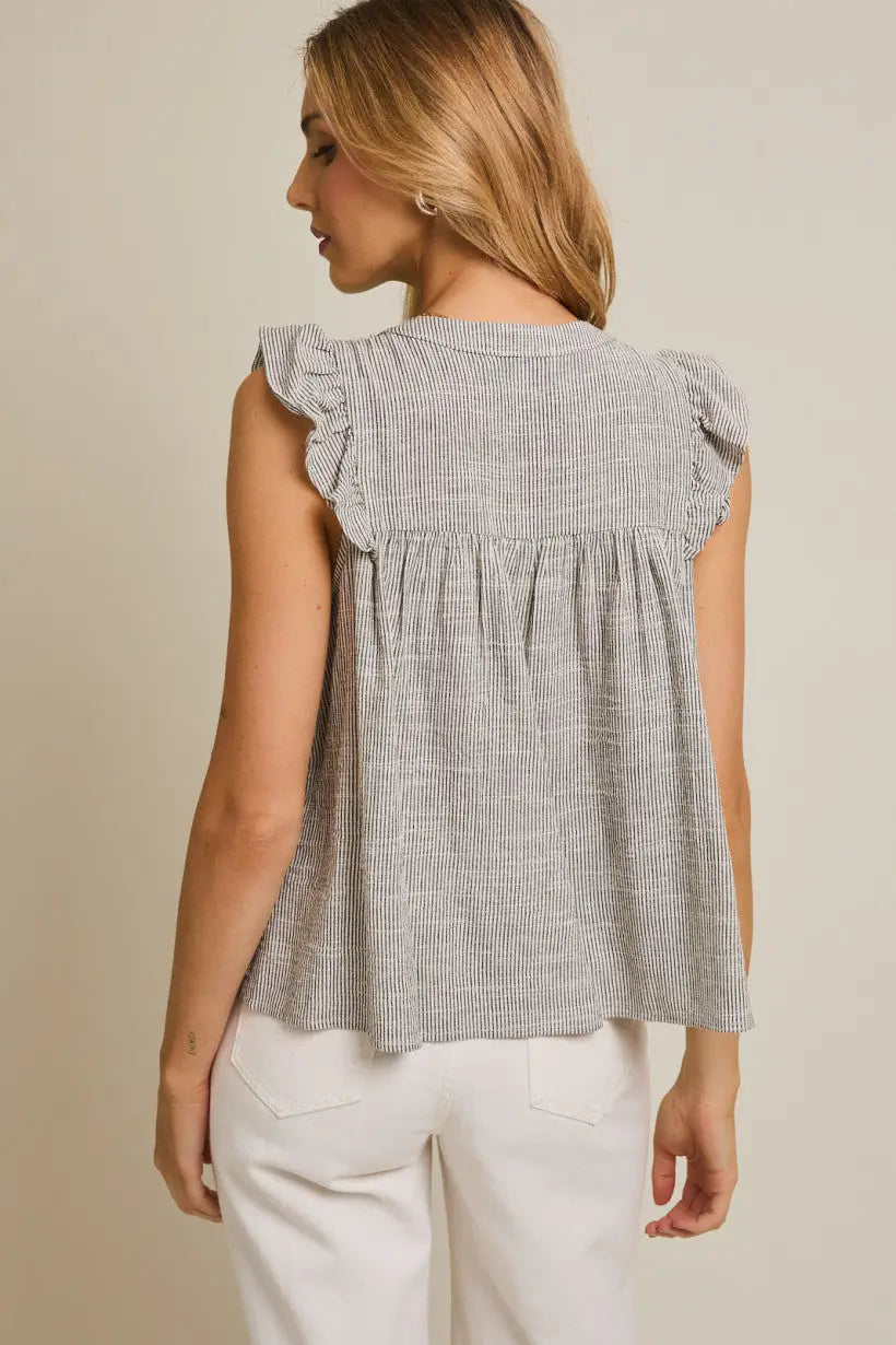 Gray and white striped sleeveless blouse with round neck and button details, ruffle sleeve stripe design